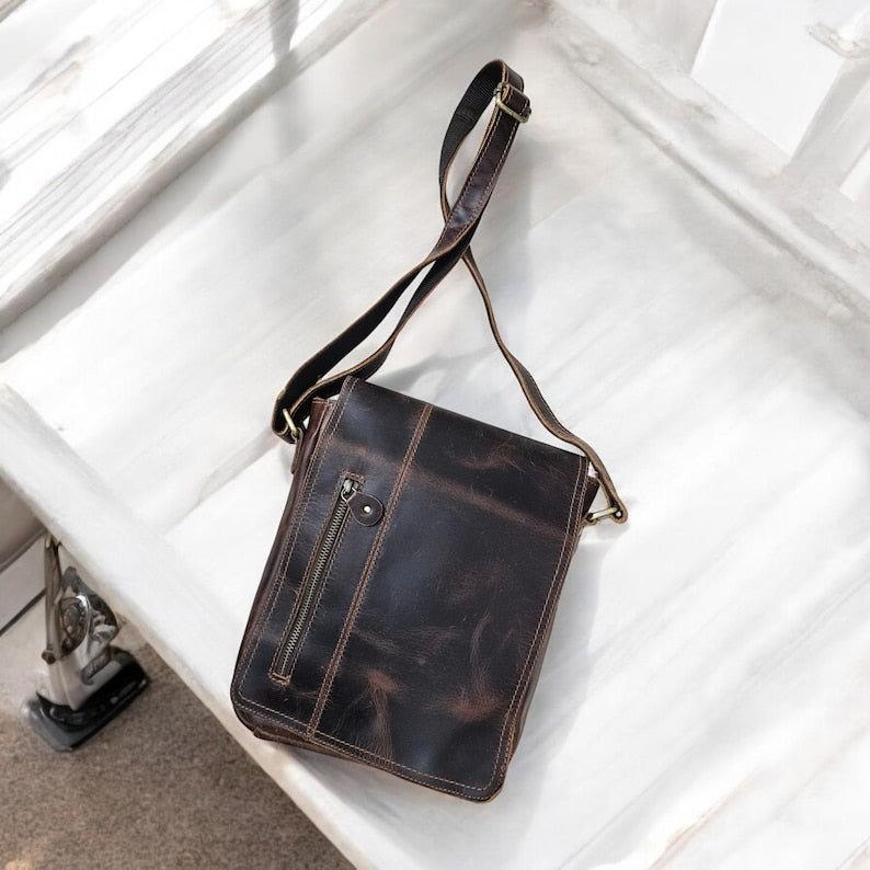 Handmade Dark Brown Leather Sling Bag | Marble Texture Crossbody Bag for Men & Women | Rustic Work and Travel Gift