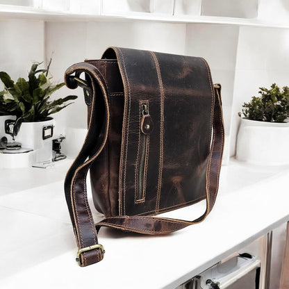 Handmade Dark Brown Leather Sling Bag | Marble Texture Crossbody Bag for Men & Women | Rustic Work and Travel Gift