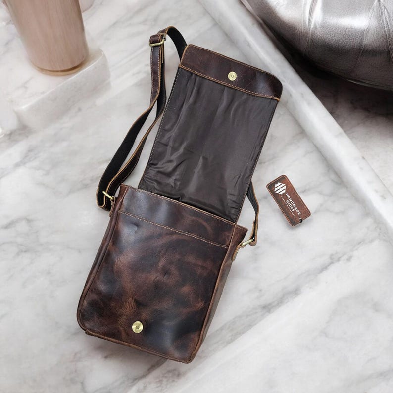 Handmade Dark Brown Leather Sling Bag | Marble Texture Crossbody Bag for Men & Women | Rustic Work and Travel Gift