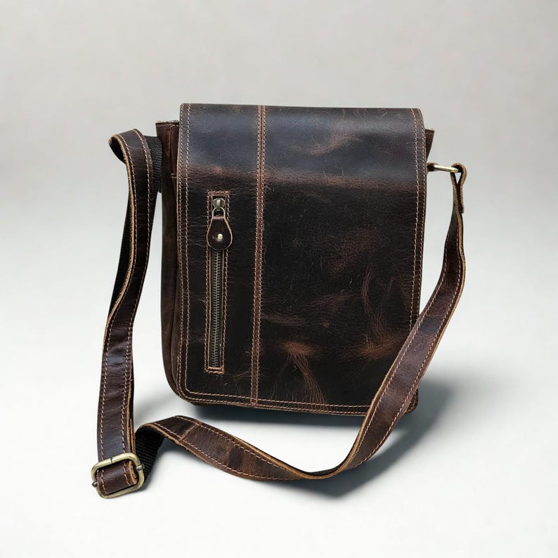 Handmade Dark Brown Leather Sling Bag | Marble Texture Crossbody Bag for Men & Women | Rustic Work and Travel Gift