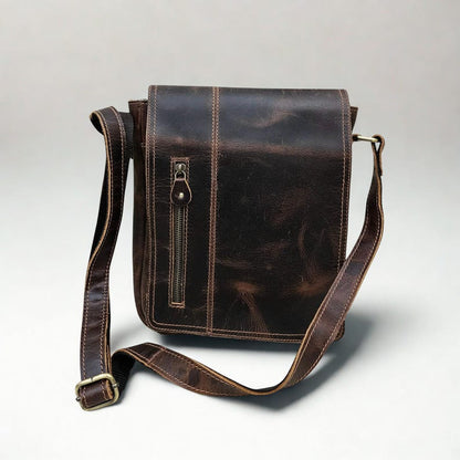 Handmade Dark Brown Leather Sling Bag | Marble Texture Crossbody Bag for Men & Women | Rustic Work and Travel Gift