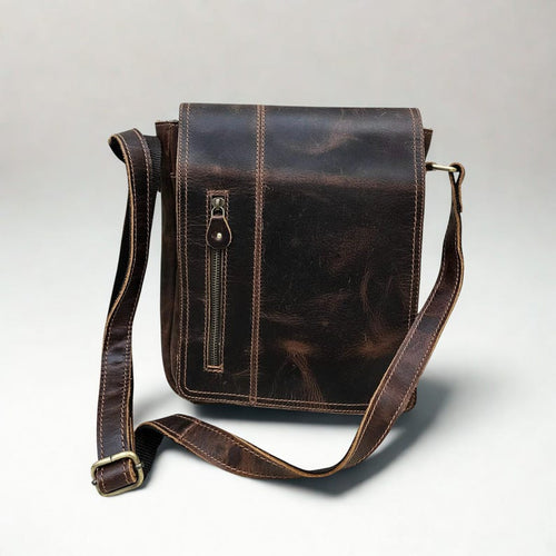 Handmade Dark Brown Leather Sling Bag | Marble Texture Crossbody Bag for Men & Women | Rustic Work and Travel Gift