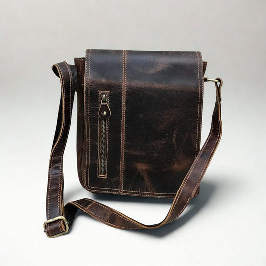 Handmade Dark Brown Leather Sling Bag | Marble Texture Crossbody Bag for Men & Women | Rustic Work and Travel Gift