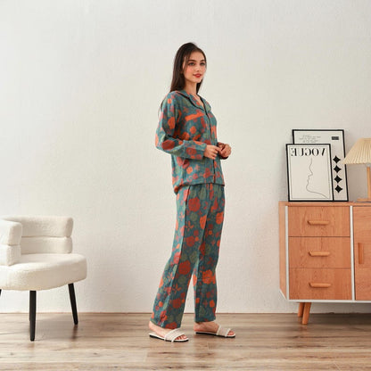 Winter/Fall Thick Jacquard Muslin Pajamas Double Gauze Homewear Organic Cotton Long Sleeve Soft Shirt Pajama Tailored Plus Pajama Set Spring