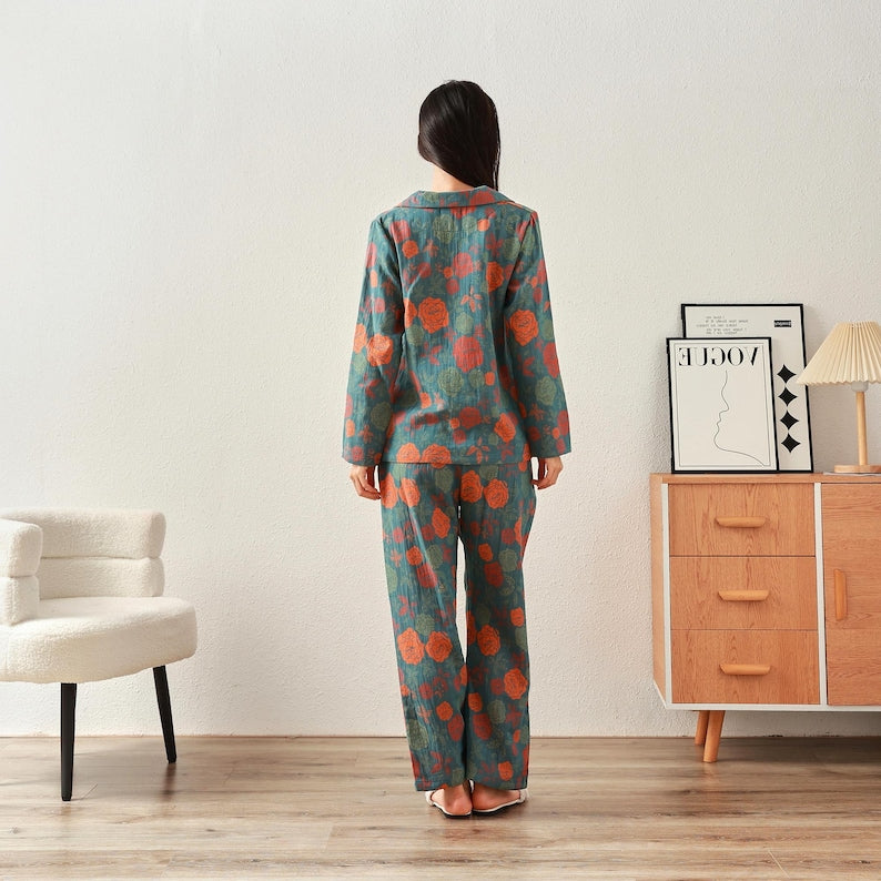 Winter/Fall Thick Jacquard Muslin Pajamas Double Gauze Homewear Organic Cotton Long Sleeve Soft Shirt Pajama Tailored Plus Pajama Set Spring