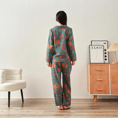 Winter/Fall Thick Jacquard Muslin Pajamas Double Gauze Homewear Organic Cotton Long Sleeve Soft Shirt Pajama Tailored Plus Pajama Set Spring