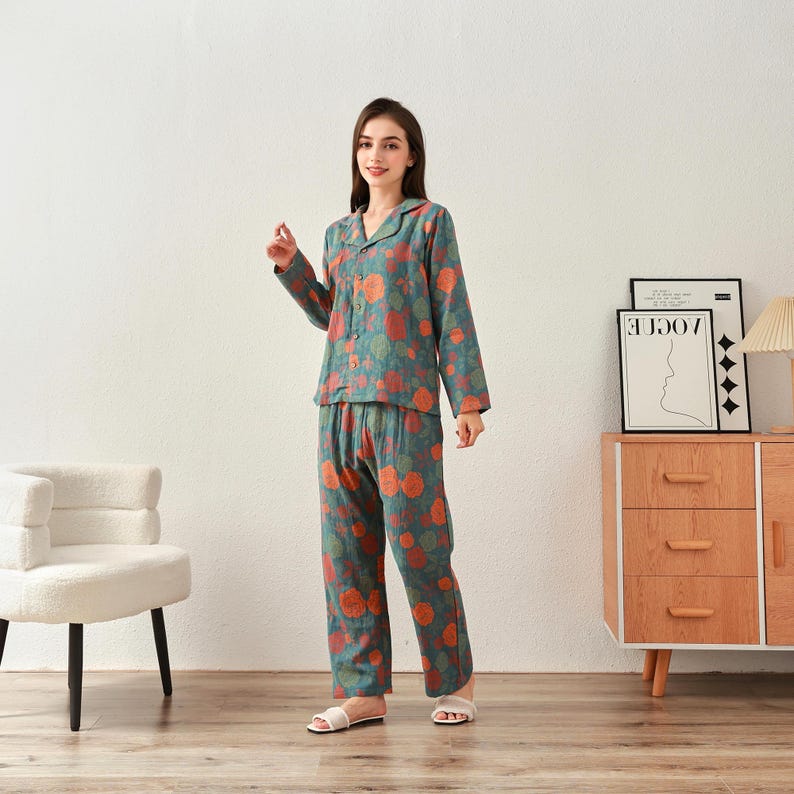 Winter/Fall Thick Jacquard Muslin Pajamas Double Gauze Homewear Organic Cotton Long Sleeve Soft Shirt Pajama Tailored Plus Pajama Set Spring