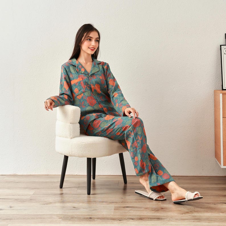 Winter/Fall Thick Jacquard Muslin Pajamas Double Gauze Homewear Organic Cotton Long Sleeve Soft Shirt Pajama Tailored Plus Pajama Set Spring