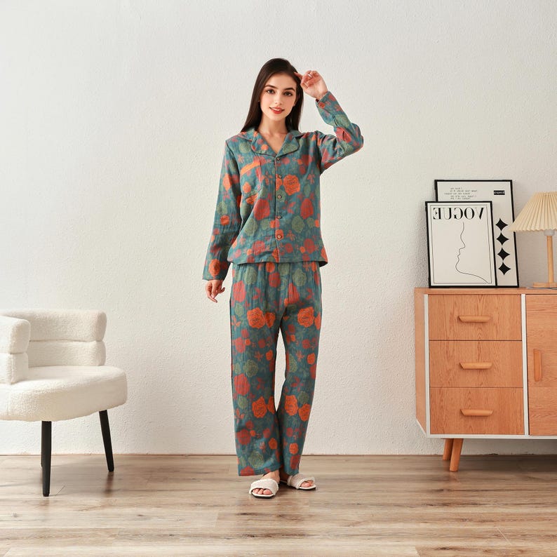 Winter/Fall Thick Jacquard Muslin Pajamas Double Gauze Homewear Organic Cotton Long Sleeve Soft Shirt Pajama Tailored Plus Pajama Set Spring