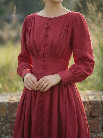 Vintage Linen Dress Boat Neck Dress 1950s Dress Princess Dress Women With Pockets Elegant Dress Wedding Dress Personalized Gifts For Her