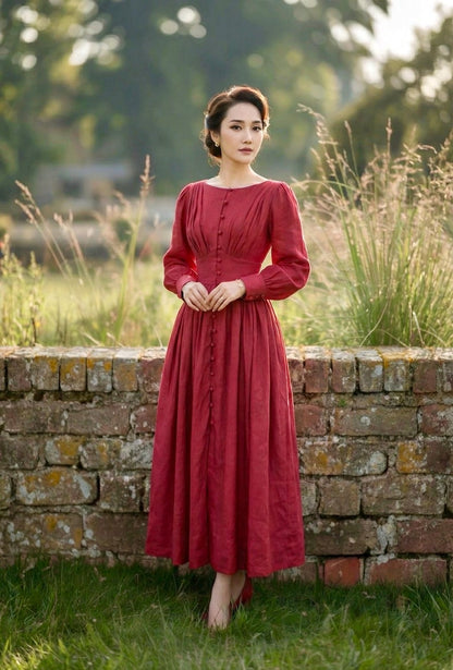 Vintage Linen Dress Boat Neck Dress 1950s Dress Princess Dress Women With Pockets Elegant Dress Wedding Dress Personalized Gifts For Her