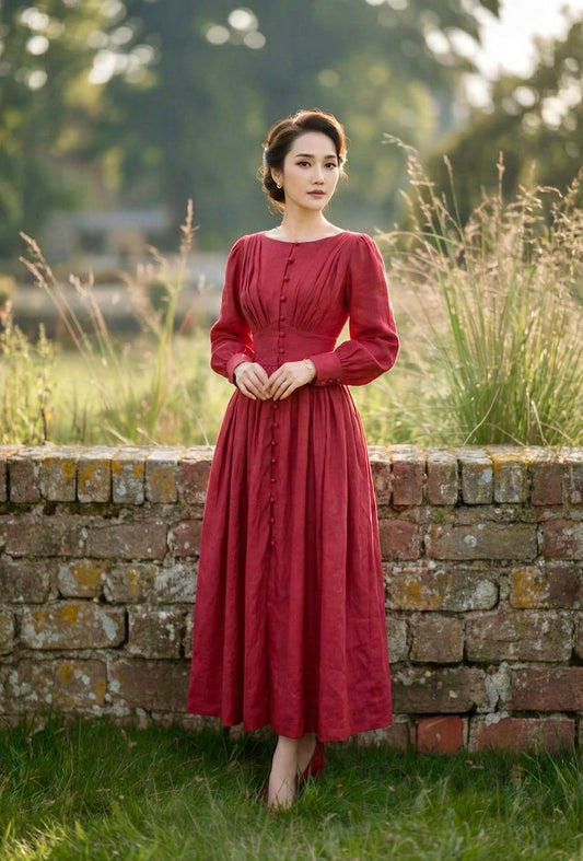 Vintage Linen Dress Boat Neck Dress 1950s Dress Princess Dress Women With Pockets Elegant Dress Wedding Dress Personalized Gifts For Her