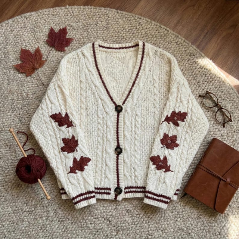 Autumn Leaves Knitted Cardigan Women Maple Leaf Embroidered V-Neck Single Breasted Sweater