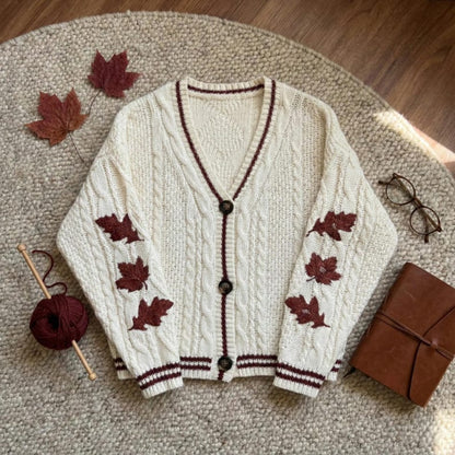 Autumn Leaves Knitted Cardigan Women Maple Leaf Embroidered V-Neck Single Breasted Sweater