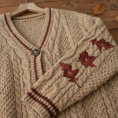Autumn Leaves Knitted Cardigan Women Maple Leaf Embroidered V-Neck Single Breasted Sweater
