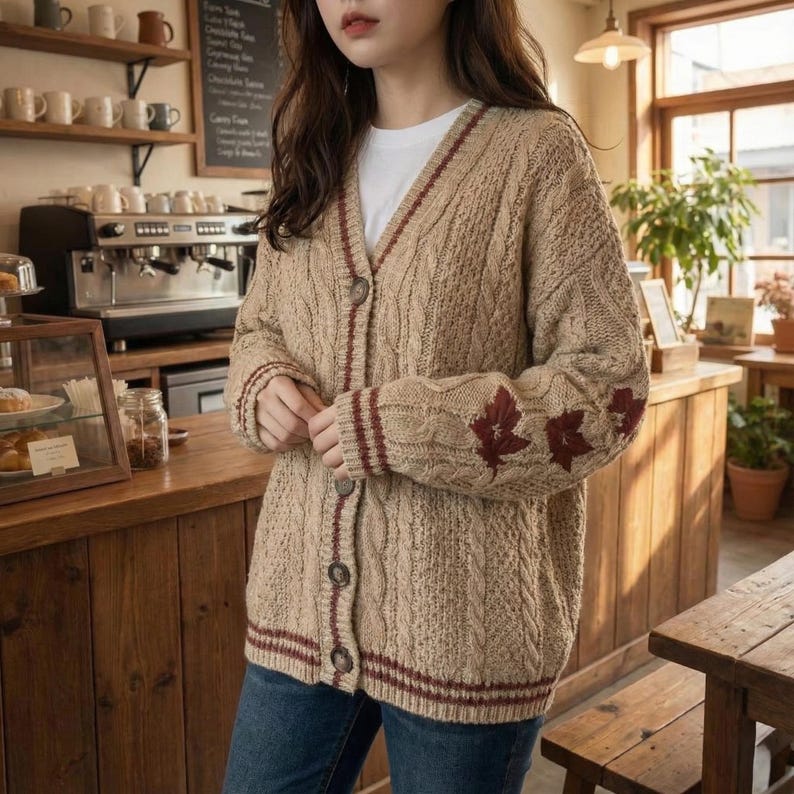 Autumn Leaves Knitted Cardigan Women Maple Leaf Embroidered V-Neck Single Breasted Sweater