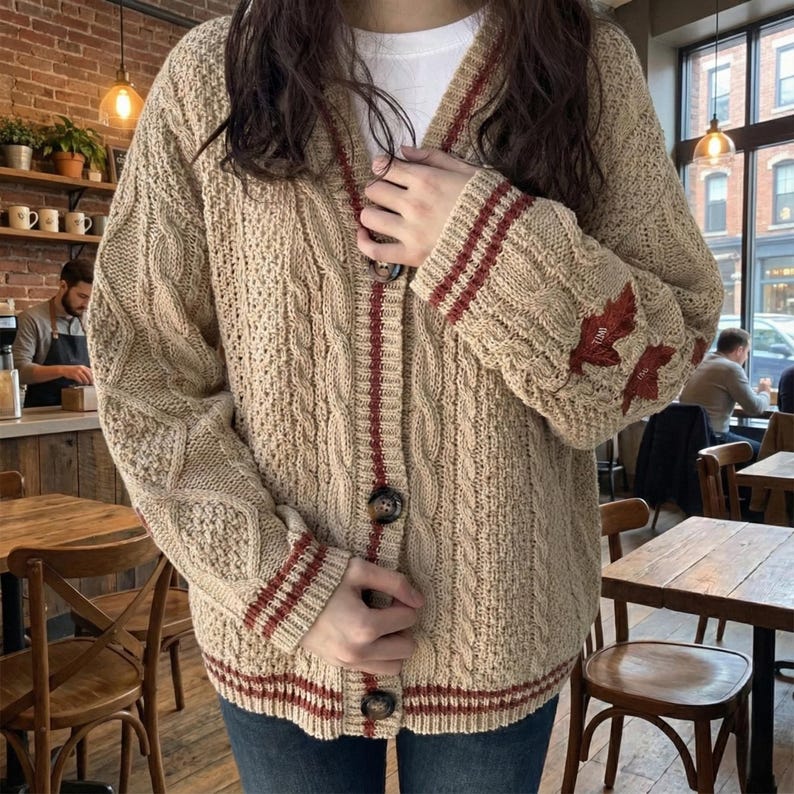 Autumn Leaves Knitted Cardigan Women Maple Leaf Embroidered V-Neck Single Breasted Sweater