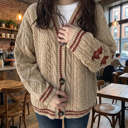 Autumn Leaves Knitted Cardigan Women Maple Leaf Embroidered V-Neck Single Breasted Sweater