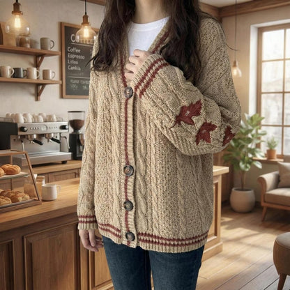 Autumn Leaves Knitted Cardigan Women Maple Leaf Embroidered V-Neck Single Breasted Sweater