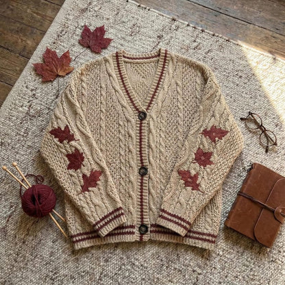 Autumn Leaves Knitted Cardigan Women Maple Leaf Embroidered V-Neck Single Breasted Sweater