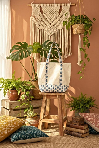 Handmade Cotton Canvas Tote Bag, White & Blue Floral Block Print Shoulder Bag, Eco Friendly Market Beach Shopping Tote Reusable Gift Bag You