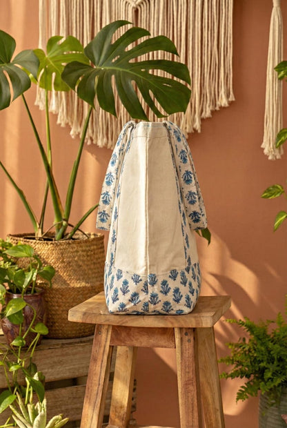 Handmade Cotton Canvas Tote Bag, White & Blue Floral Block Print Shoulder Bag, Eco Friendly Market Beach Shopping Tote Reusable Gift Bag You