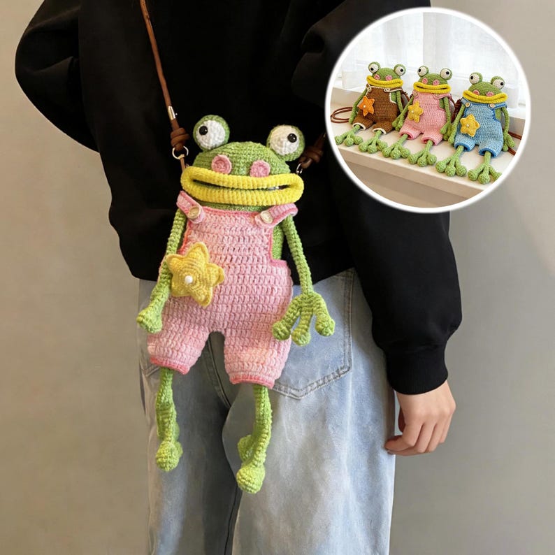 Crochet Frog Crossbody Bag, Handmade Frog Shoulder Purse, Cute Frog Bag for Women & Girls, Frog Plush Bag, Unique Gift