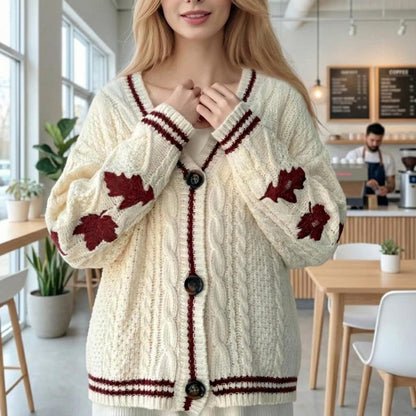 Autumn Leaves Knitted Cardigan Women Maple Leaf Embroidered V-Neck Single Breasted Sweater