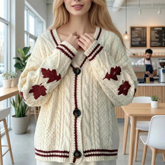 Autumn Leaves Knitted Cardigan Women Maple Leaf Embroidered V-Neck Single Breasted Sweater
