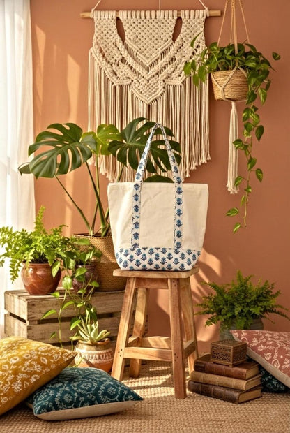 Handmade Cotton Canvas Tote Bag, White & Blue Floral Block Print Shoulder Bag, Eco Friendly Market Beach Shopping Tote Reusable Gift Bag You