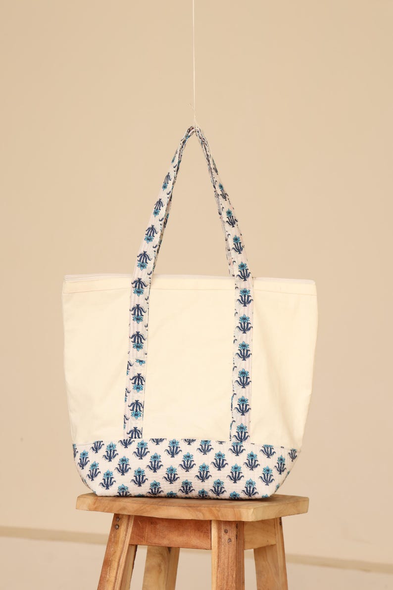 Handmade Cotton Canvas Tote Bag, White & Blue Floral Block Print Shoulder Bag, Eco Friendly Market Beach Shopping Tote Reusable Gift Bag You