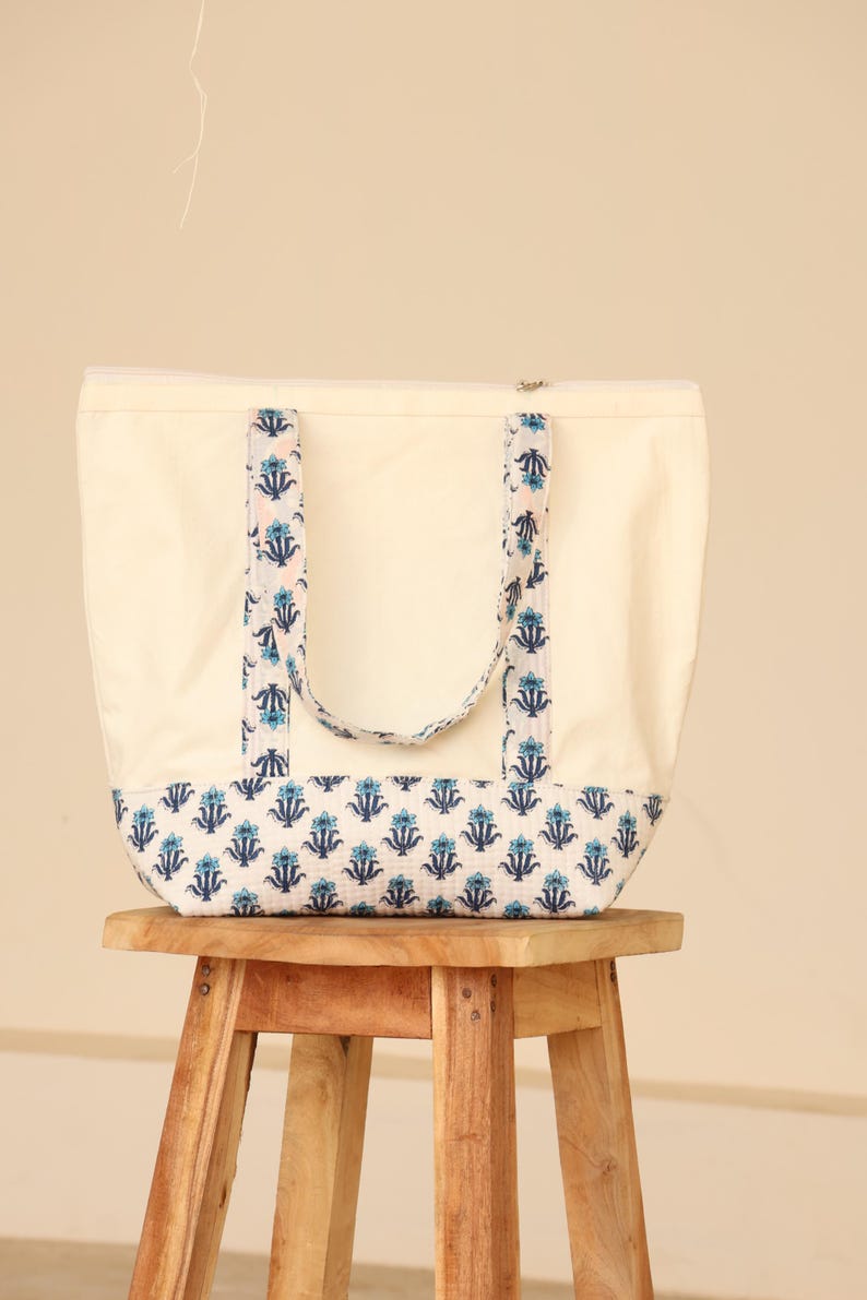Handmade Cotton Canvas Tote Bag, White & Blue Floral Block Print Shoulder Bag, Eco Friendly Market Beach Shopping Tote Reusable Gift Bag You