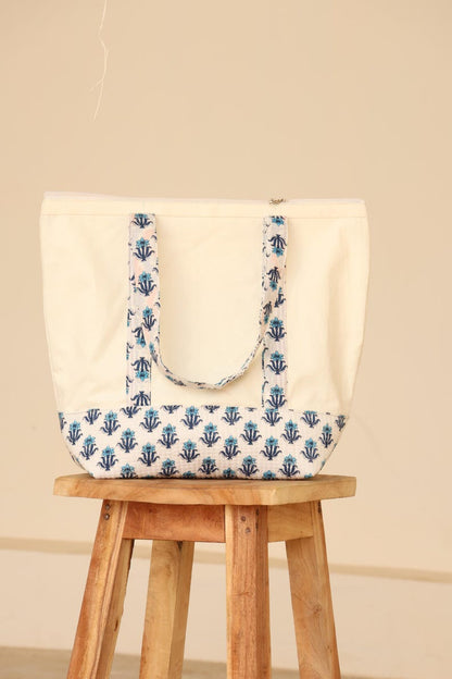 Handmade Cotton Canvas Tote Bag, White & Blue Floral Block Print Shoulder Bag, Eco Friendly Market Beach Shopping Tote Reusable Gift Bag You