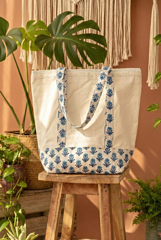 Handmade Cotton Canvas Tote Bag, White & Blue Floral Block Print Shoulder Bag, Eco Friendly Market Beach Shopping Tote Reusable Gift Bag You