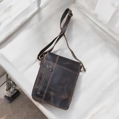 Handmade Dark Brown Leather Sling Bag | Marble Texture Crossbody Bag for Men & Women | Rustic Work and Travel Gift